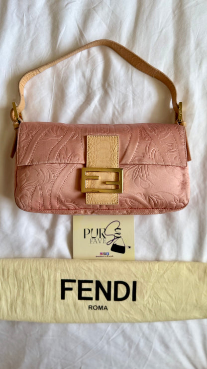 Authentic Vintage Fendi Baguette Pink Silk 3D Embossed Floral Swirl Pattern