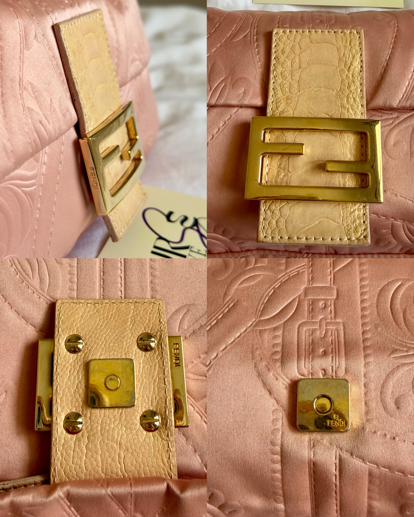 Authentic Vintage Fendi Baguette Pink Silk 3D Embossed Floral Swirl Pattern