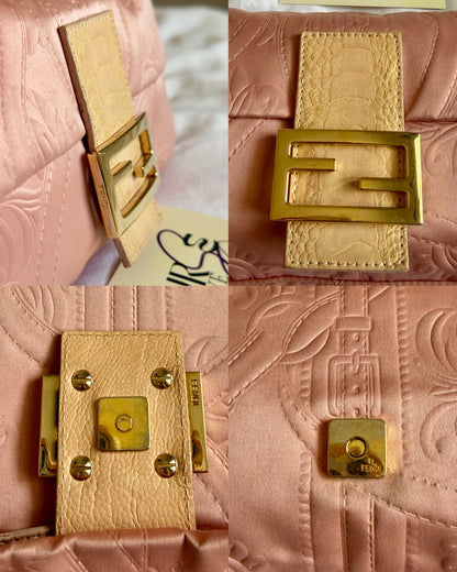 Authentic Vintage Fendi Baguette Pink Silk 3D Embossed Floral Swirl Pattern