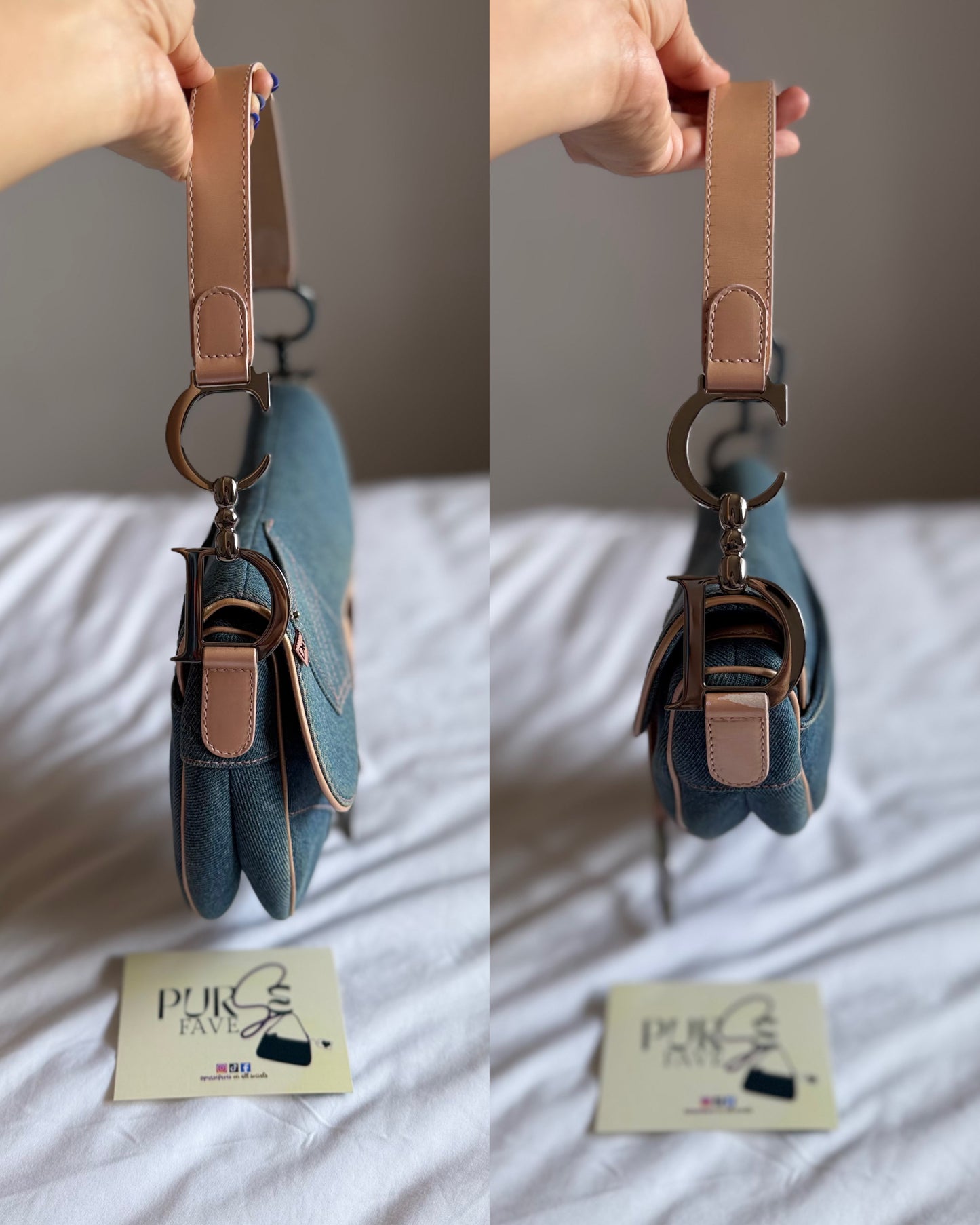 Authentic Vintage Christian Dior Light Blue Denim with Pocket Saddle Shoulder Bag
