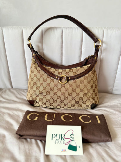 Authentic GUCCI Horsebit GG Canvas Brown Hobo Shoulder Bag