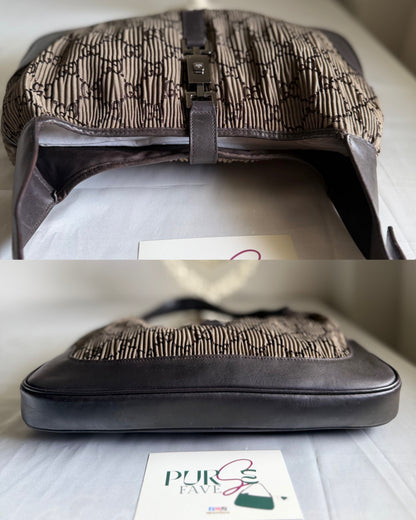 Authentic GUCCI Jackie Vintage Monogram Khaki x Dark Brown Satin Ruched / Pleated Hobo Shoulder Bag (Rare/Limited)