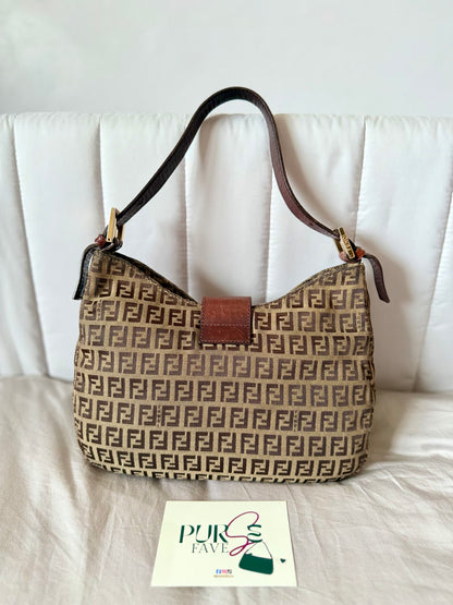 Authentic FENDI Beige / Brown Zucchino Canvas Hobo Trimmed Mamma Baguette Shoulder Bag