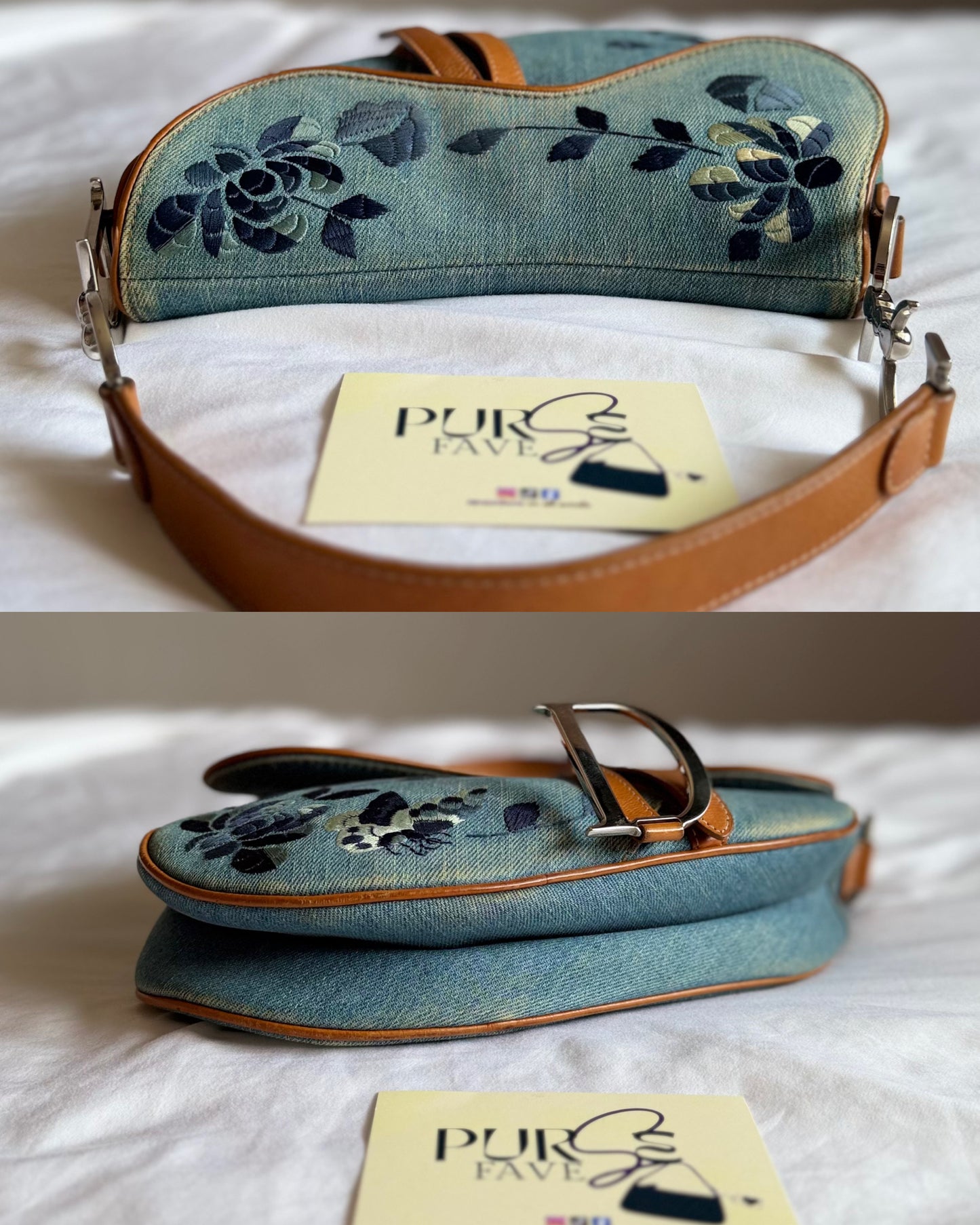 Authentic Vintage Christian Dior Light Blue Denim Saddle Shoulder Bag w/ Embroidered Floral & Butterfly Motifs