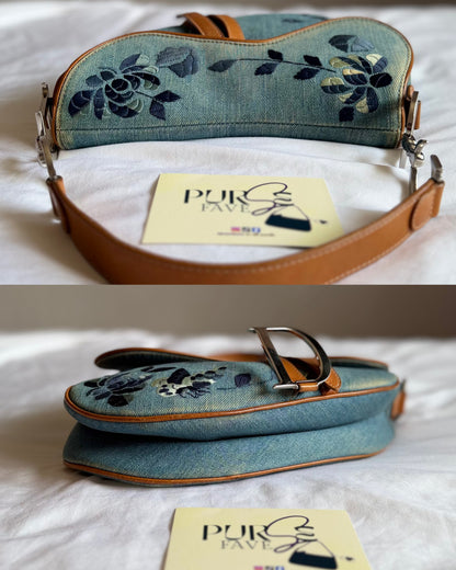 Authentic Vintage Christian Dior Light Blue Denim Saddle Shoulder Bag w/ Embroidered Floral & Butterfly Motifs