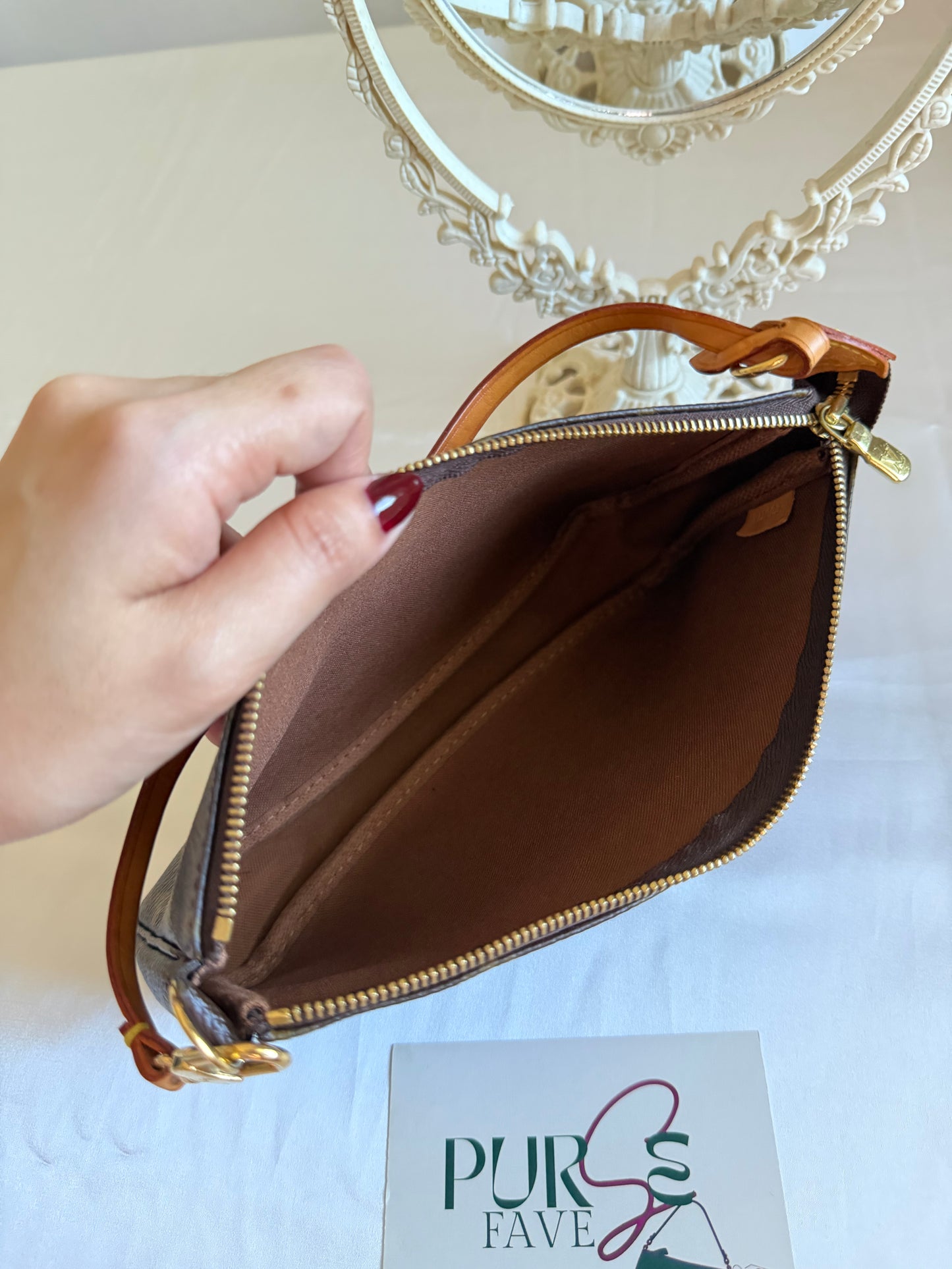 Authentic LOUIS VUITTON Pochette Accessoire Clutch Brown Monogram Canvas Leather Shoulder Bag
