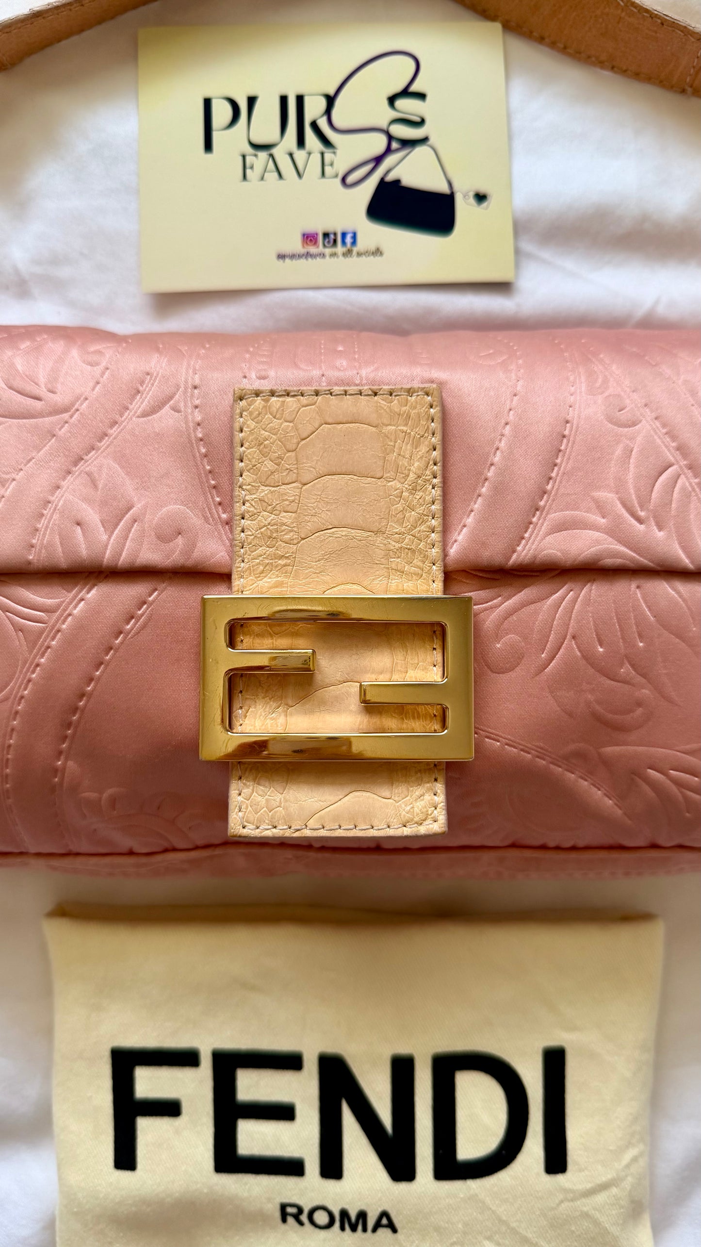 Authentic Vintage Fendi Baguette Pink Silk 3D Embossed Floral Swirl Pattern