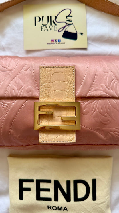Authentic Vintage Fendi Baguette Pink Silk 3D Embossed Floral Swirl Pattern