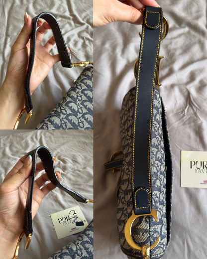 Authentic Vintage Christian Dior by John Galliano Navy Trotter Oblique Canvas Double Saddle Bag