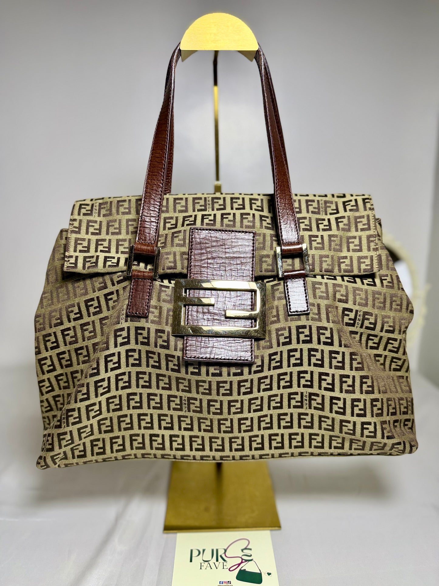Authentic FENDI Beige / Brown Zucchino Canvas Accordion Large Shopper Tote Bag