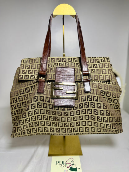 Authentic FENDI Beige / Brown Zucchino Canvas Accordion Large Shopper Tote Bag