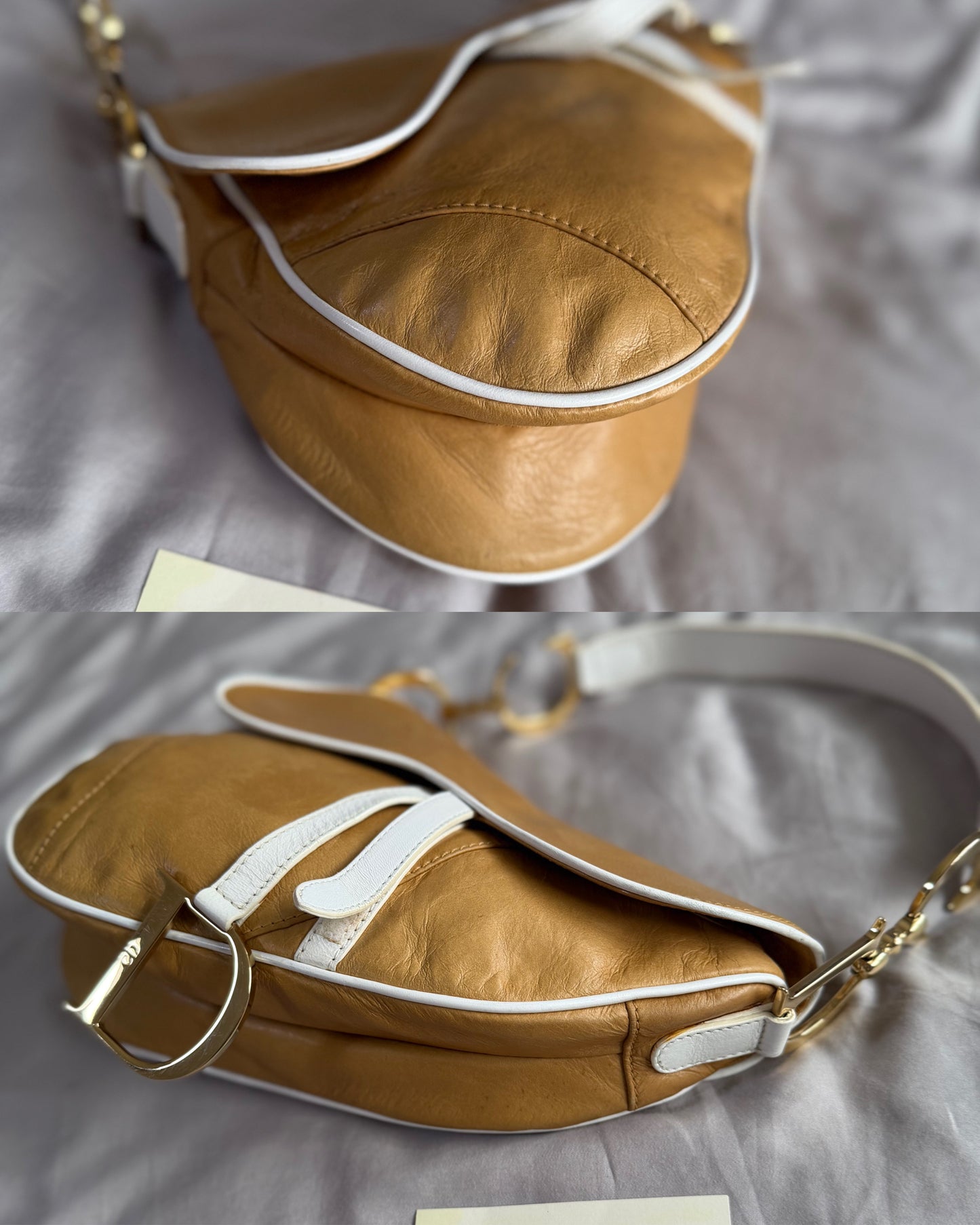 Authentic Vintage Christian Dior by John Galliano Tan Calfskin x White Leather Saddle Bag