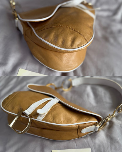 Authentic Vintage Christian Dior by John Galliano Tan Calfskin x White Leather Saddle Bag