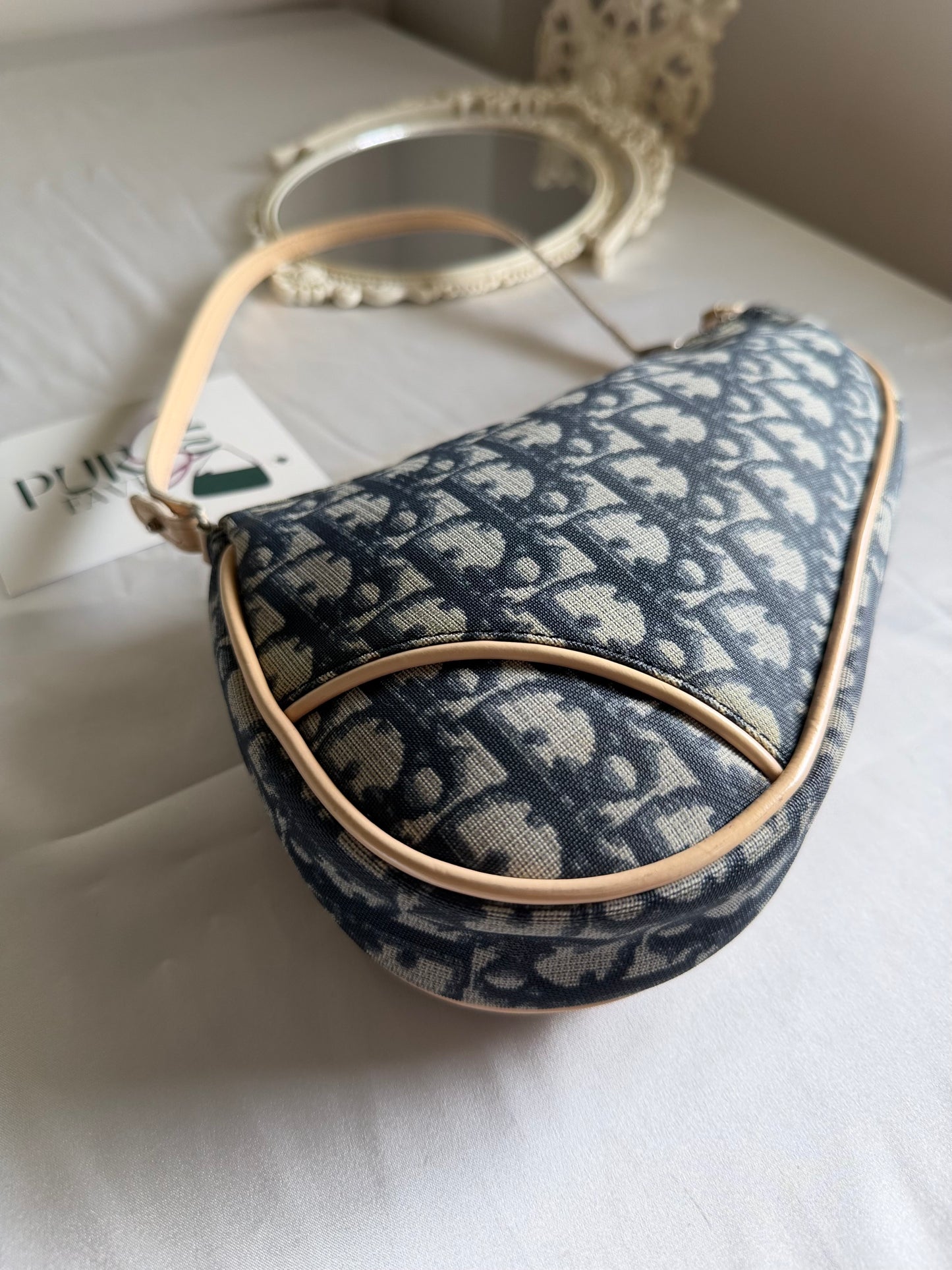Authentic Vintage CHRISTIAN DIOR Blue Canvas Mini Saddle Pochette Bag
