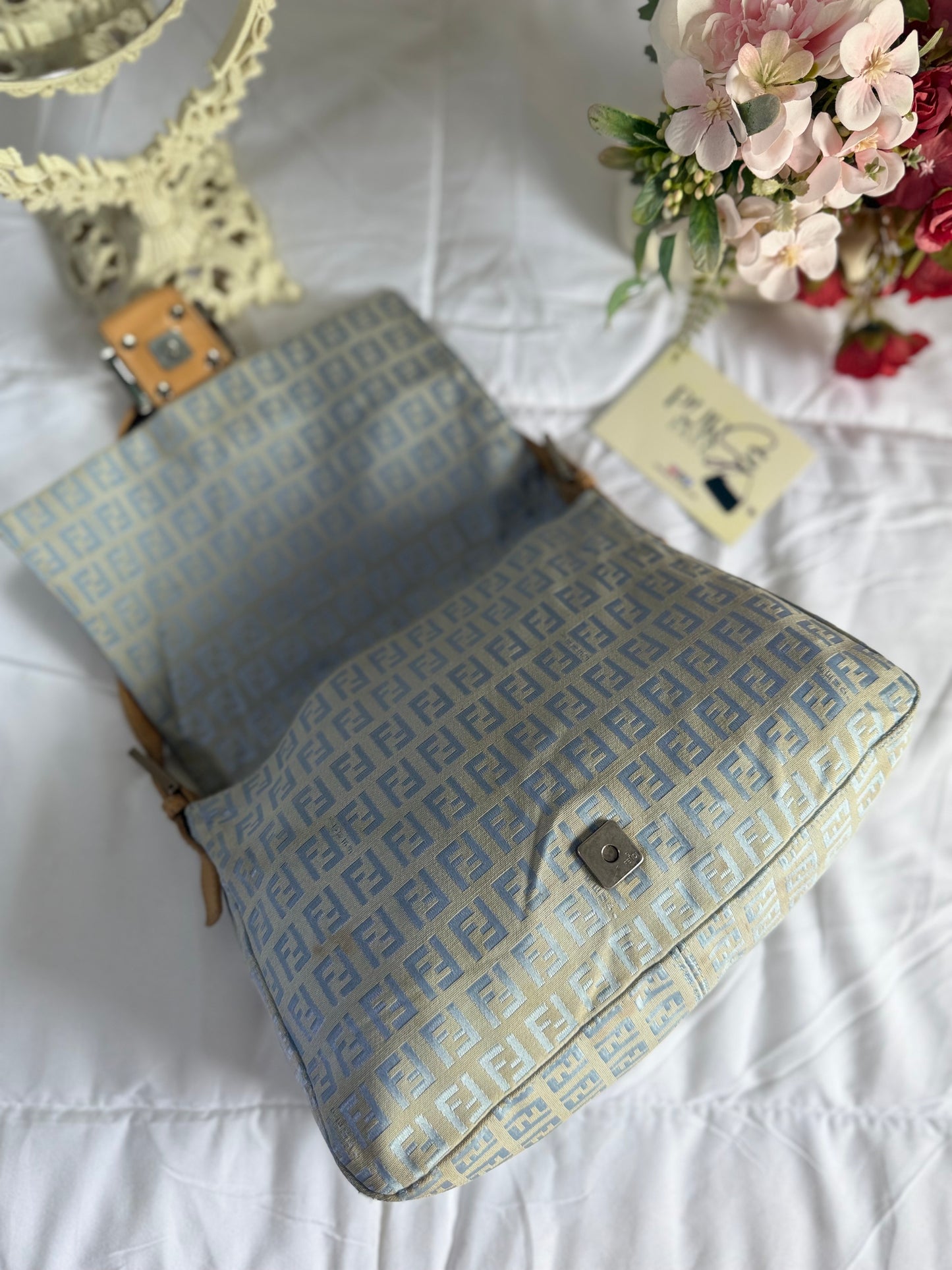 Authentic Vintage Fendi Light Blue Zucchino Canvas Mamma Baguette Shoulder Bag