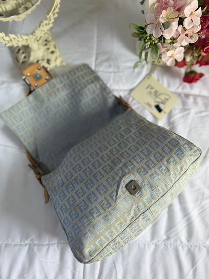 Authentic Vintage Fendi Light Blue Zucchino Canvas Mamma Baguette Shoulder Bag