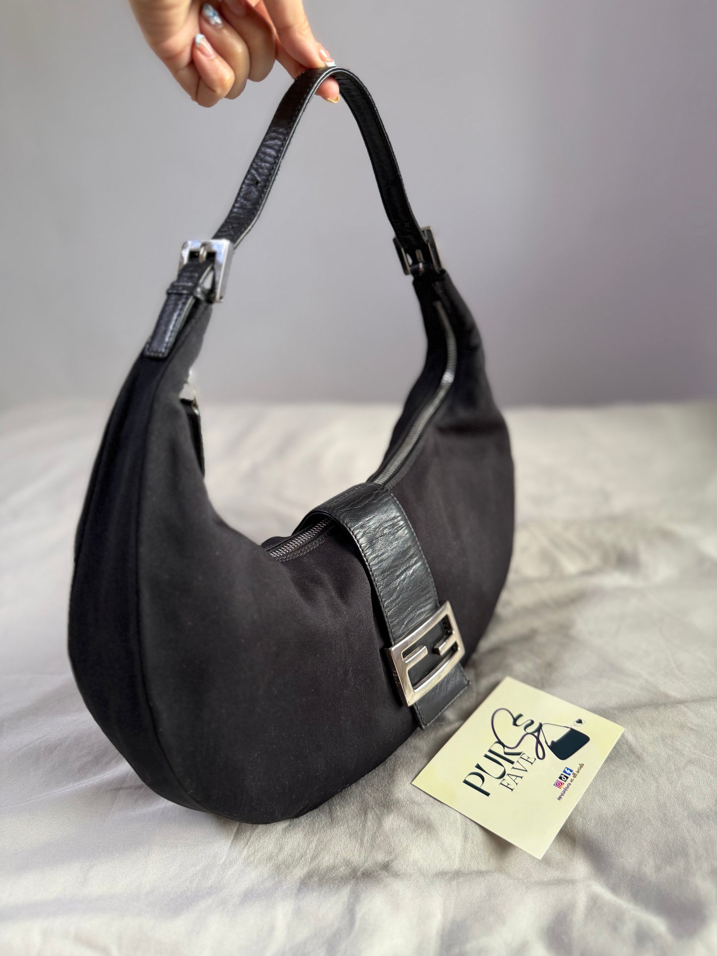 Authentic FENDI Half-Moon Croissant Black Neoprene Baguette Bag