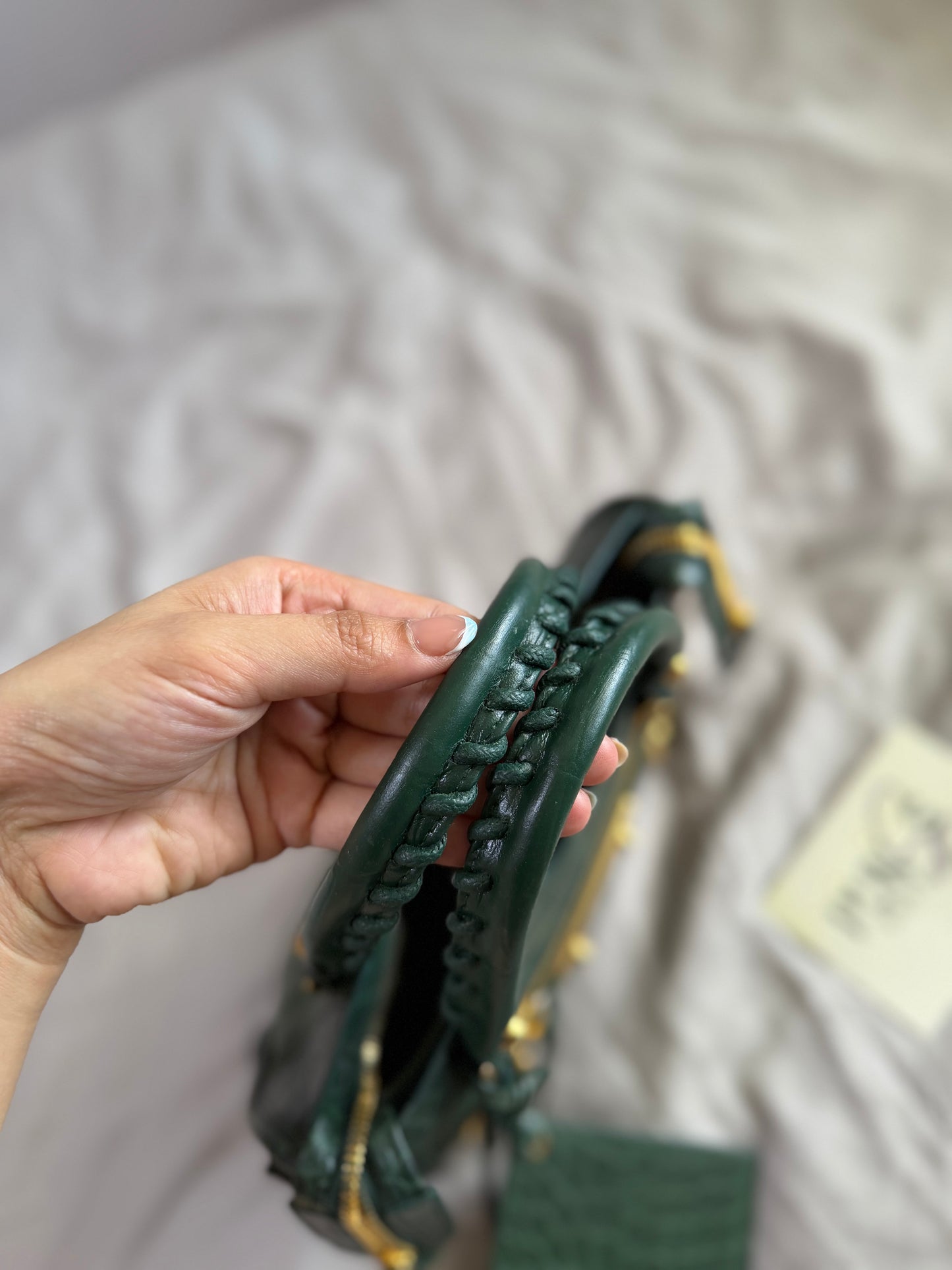 Authentic BALENCIAGA Green Croc-Embossed Leather Mini Classic Metallic Edge City Bag