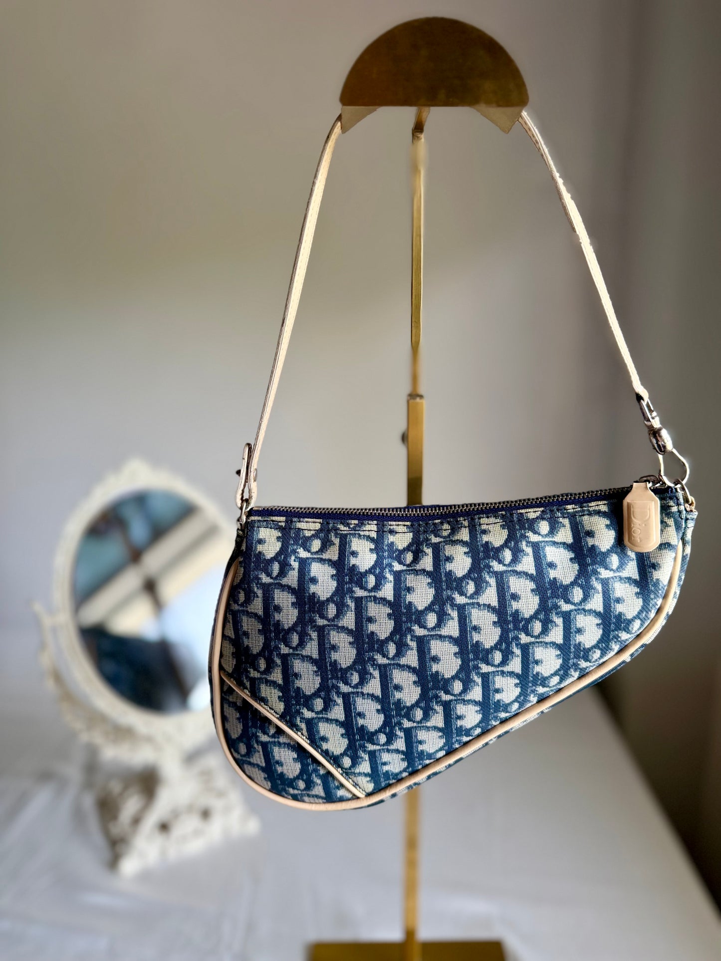 Authentic Vintage CHRISTIAN DIOR Blue Canvas Mini Saddle Pochette Bag