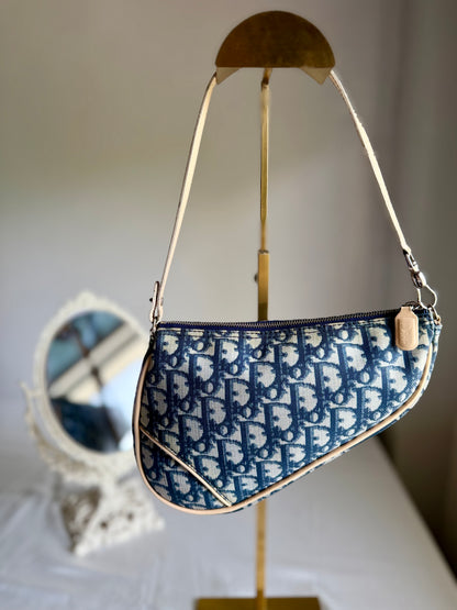 Authentic Vintage CHRISTIAN DIOR Blue Canvas Mini Saddle Pochette Bag