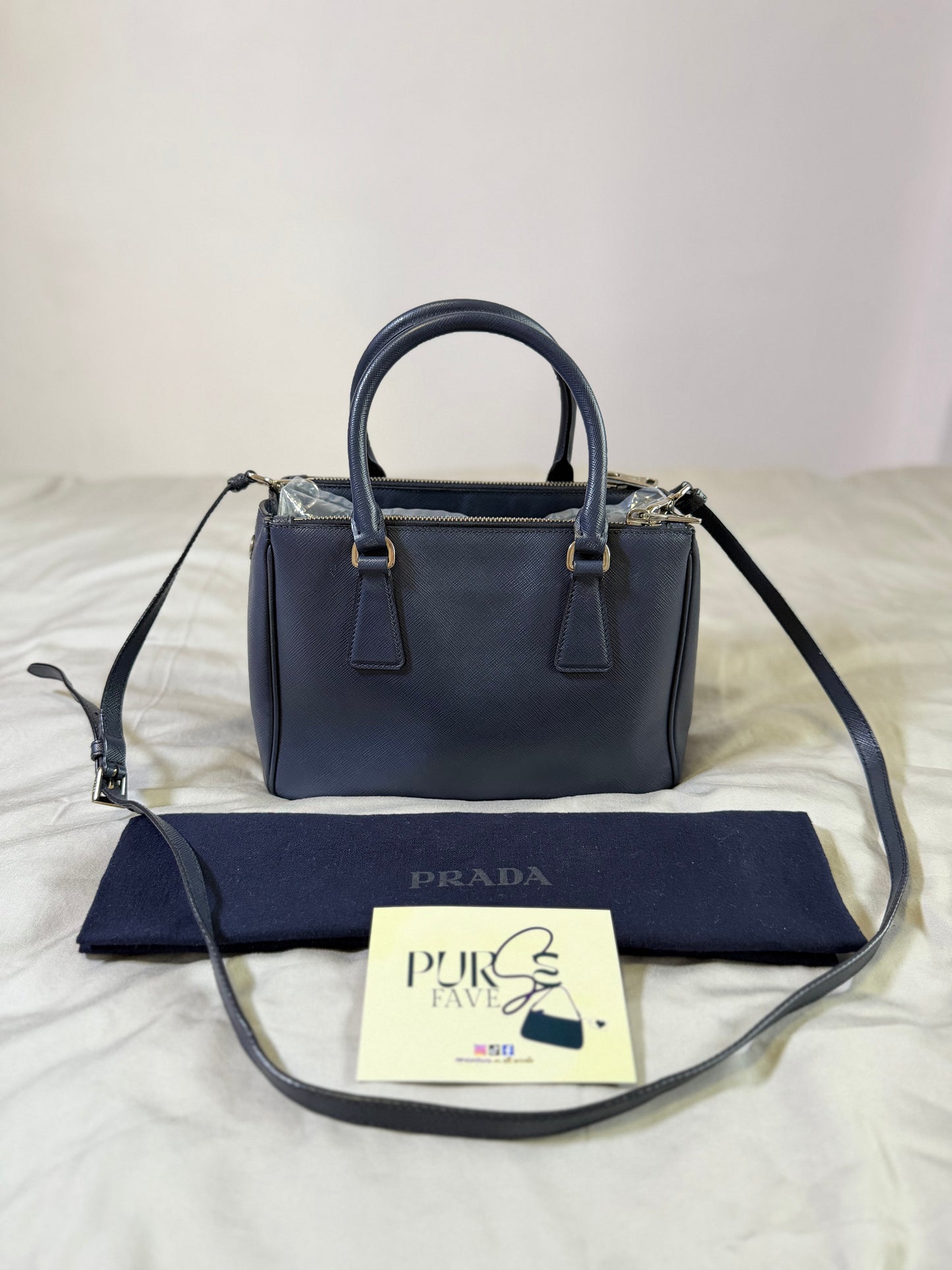 Authentic PRADA Saffiano Lux Galleria Navy Blue Mini Double Zip Tote Crossbody