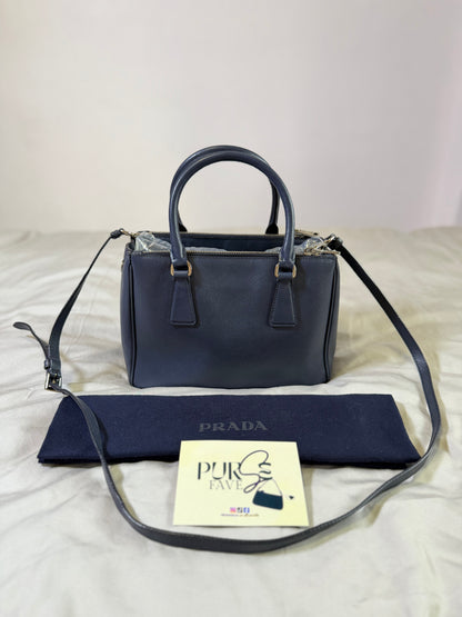 Authentic PRADA Saffiano Lux Galleria Navy Blue Mini Double Zip Tote Crossbody