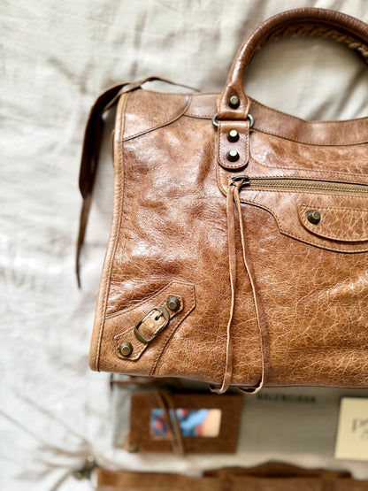 Authentic BALENCIAGA Motocross Classic City Glazed Brown Lambskin Leather Bag