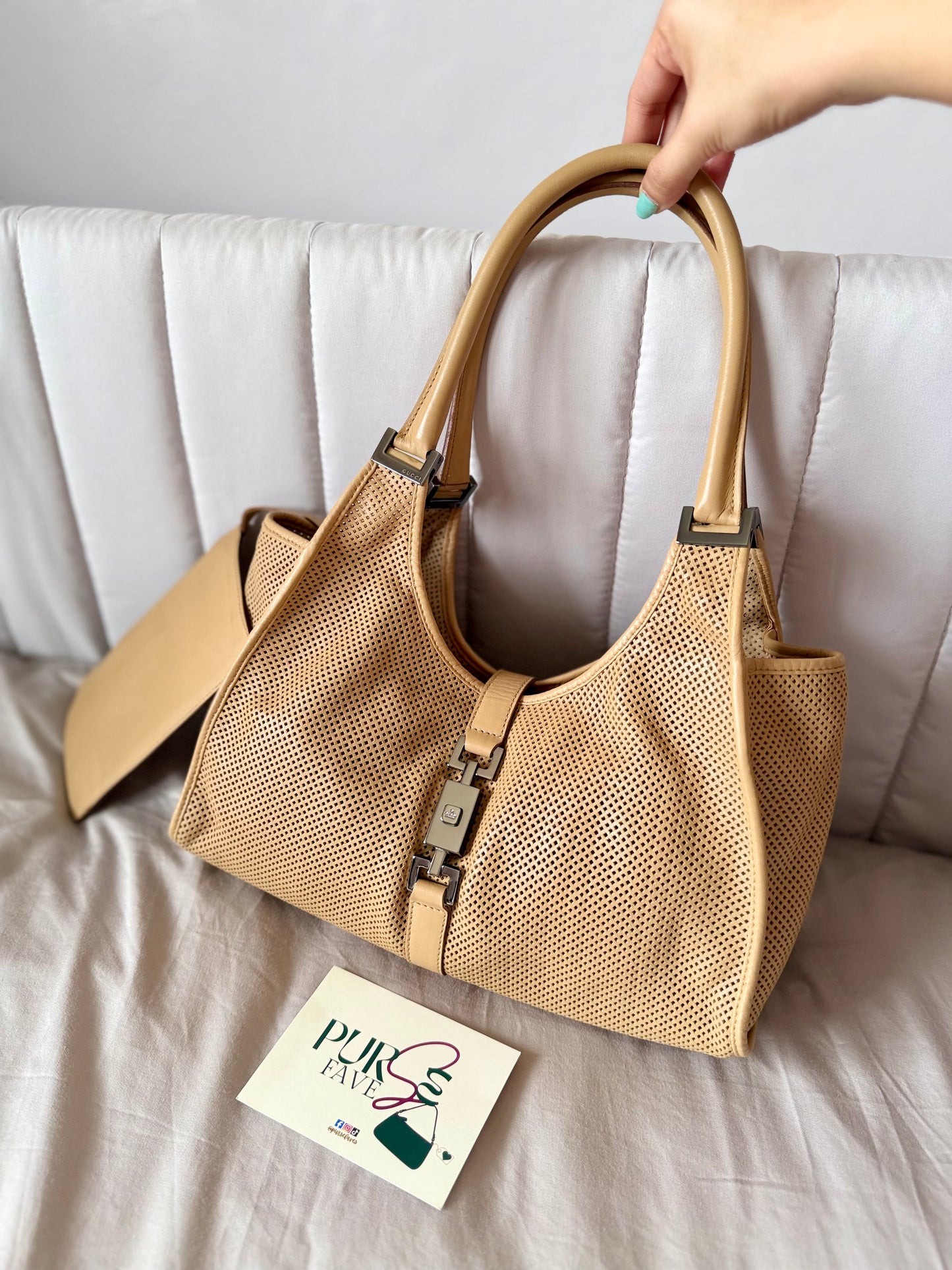 Authentic GUCCI Perforated Leather Jackie x Bardot Tan Hobo Shoulder Bag w/ Pouch (Rare/Limited)