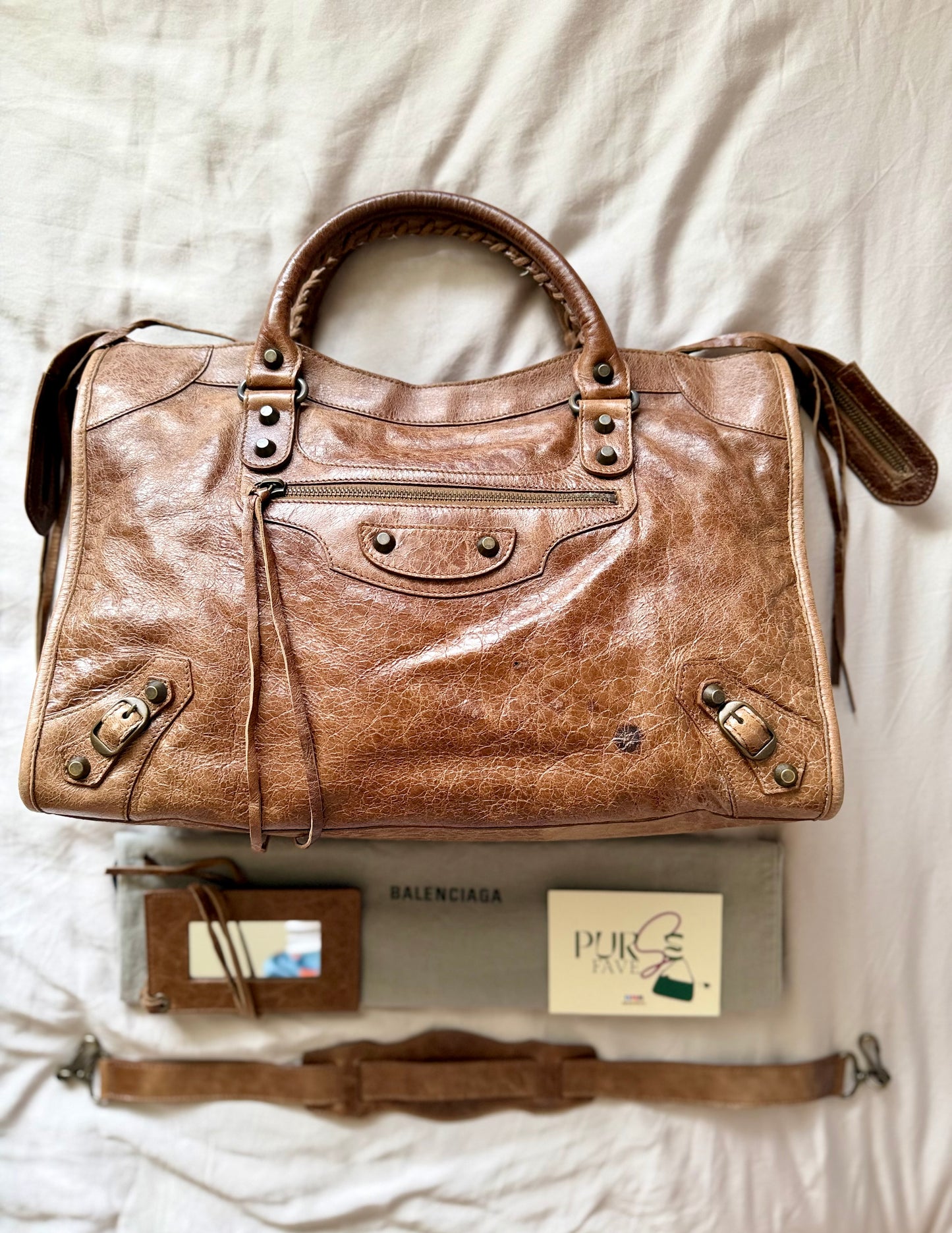 Authentic BALENCIAGA Motocross Classic City Glazed Brown Lambskin Leather Bag