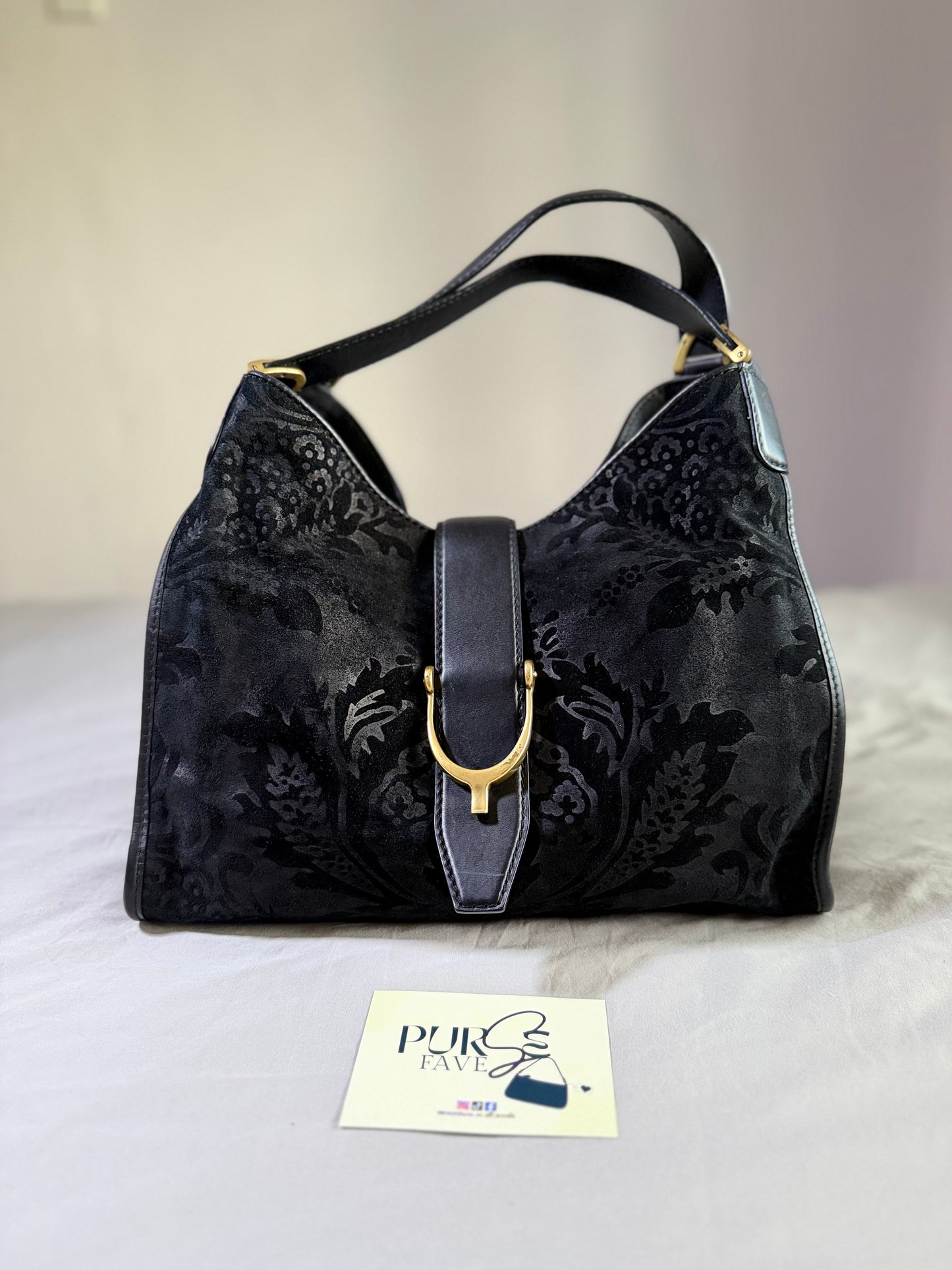 Authentic GUCCI Brocade Black Nubuck & Suede Soft Horsebit Stirrup Tote