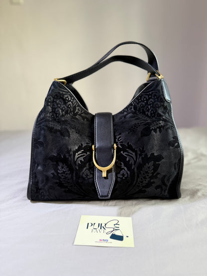 Authentic GUCCI Brocade Black Nubuck & Suede Soft Horsebit Stirrup Tote