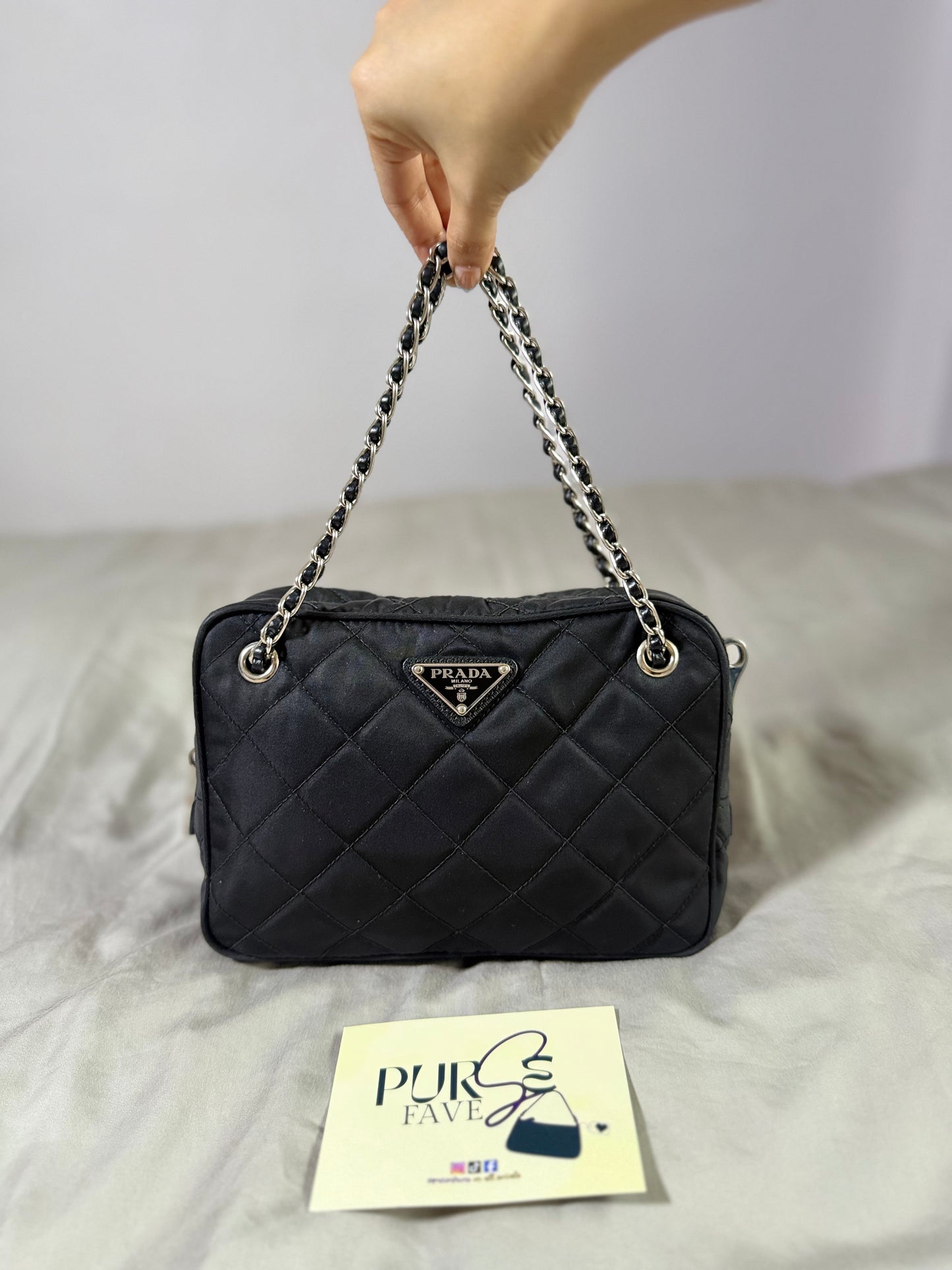 Authentic PRADA Nylon Tessuto Impuntu Quilted Black Bandoliera Mini Top Handle Bag