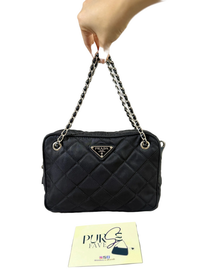 Authentic PRADA Nylon Tessuto Impuntu Quilted Black Bandoliera Mini Top Handle Bag
