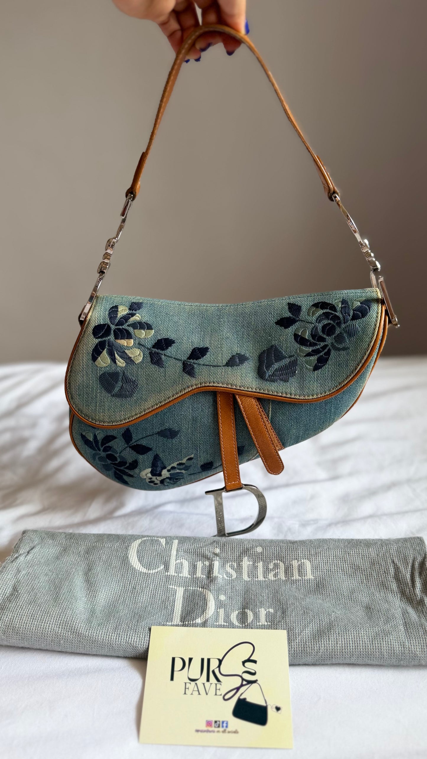 Authentic Vintage Christian Dior Light Blue Denim Saddle Shoulder Bag w/ Embroidered Floral & Butterfly Motifs