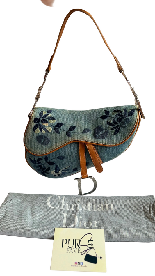 Authentic Vintage Christian Dior Light Blue Denim Saddle Shoulder Bag w/ Embroidered Floral & Butterfly Motifs