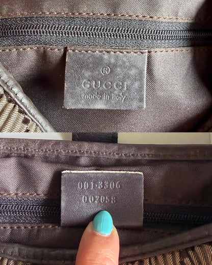Authentic GUCCI Jackie Vintage Monogram Khaki x Dark Brown Satin Ruched / Pleated Hobo Shoulder Bag (Rare/Limited)