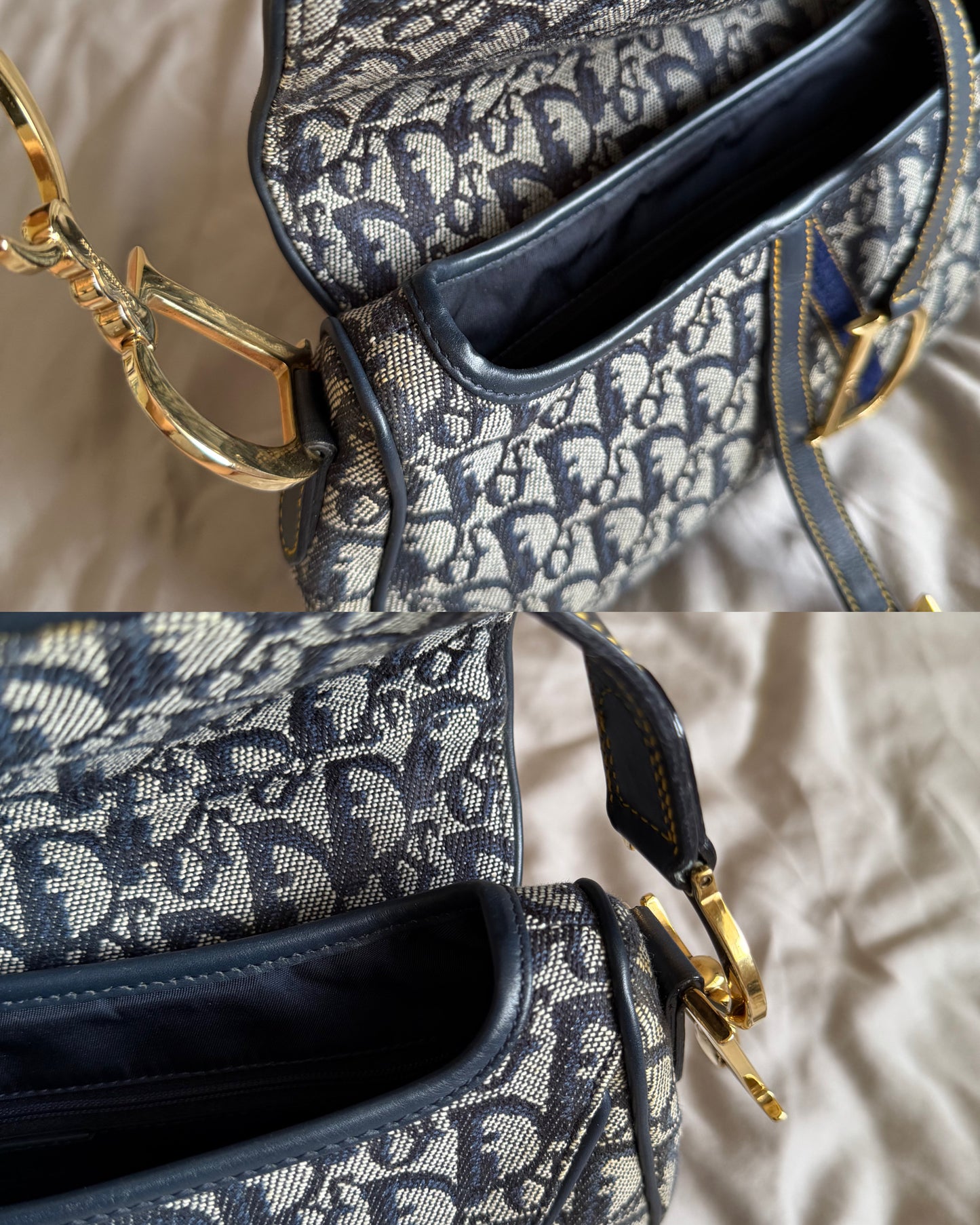Authentic Vintage Christian Dior by John Galliano Navy Trotter Oblique Canvas Double Saddle Bag