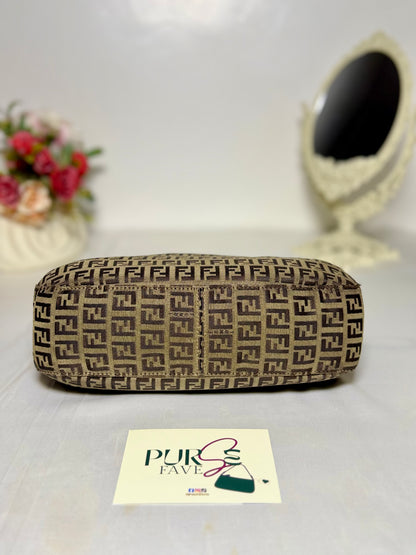 Authentic FENDI Beige / Brown Zucchino Canvas Hobo Trimmed Mamma Baguette Shoulder Bag