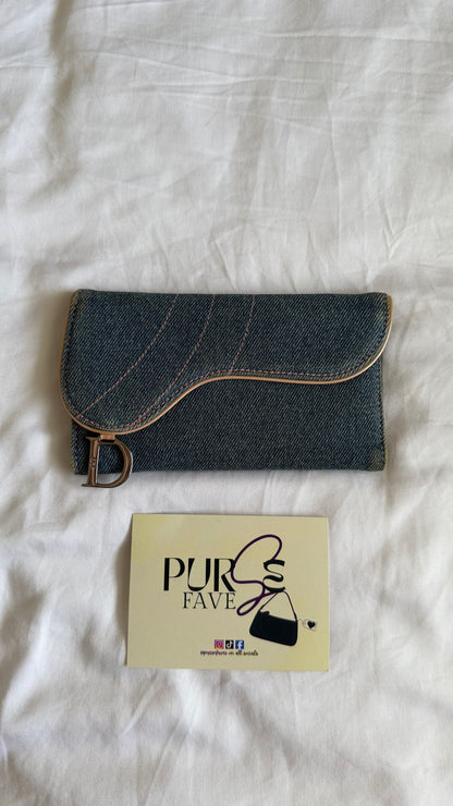 Authentic Vintage CHRISTIAN DIOR Blue Denim Saddle Trifold Wallet