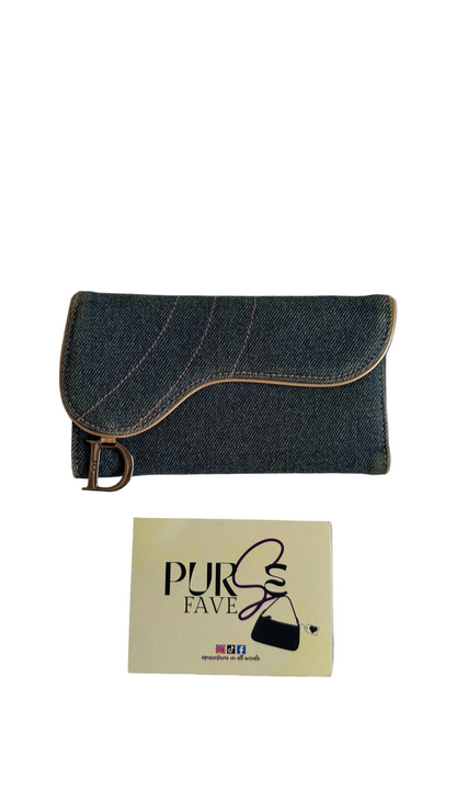Authentic Vintage CHRISTIAN DIOR Blue Denim Saddle Trifold Wallet