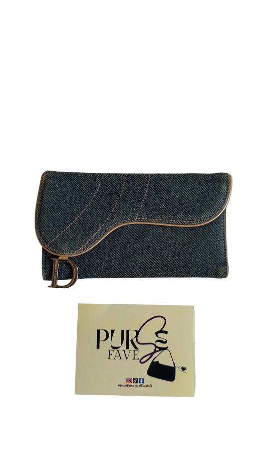 Authentic Vintage CHRISTIAN DIOR Blue Denim Saddle Trifold Wallet