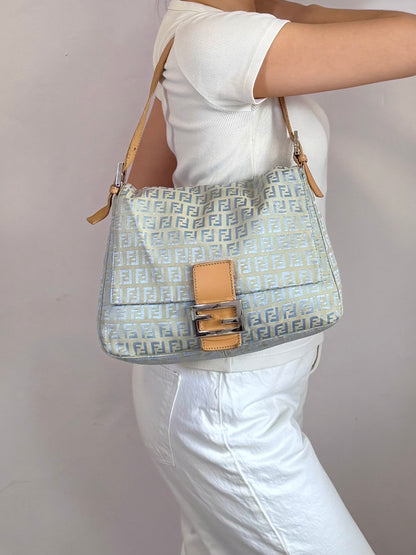 Authentic Vintage Fendi Light Blue Zucchino Canvas Mamma Baguette Shoulder Bag