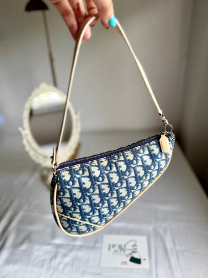 Authentic Vintage CHRISTIAN DIOR Blue Canvas Mini Saddle Pochette Bag