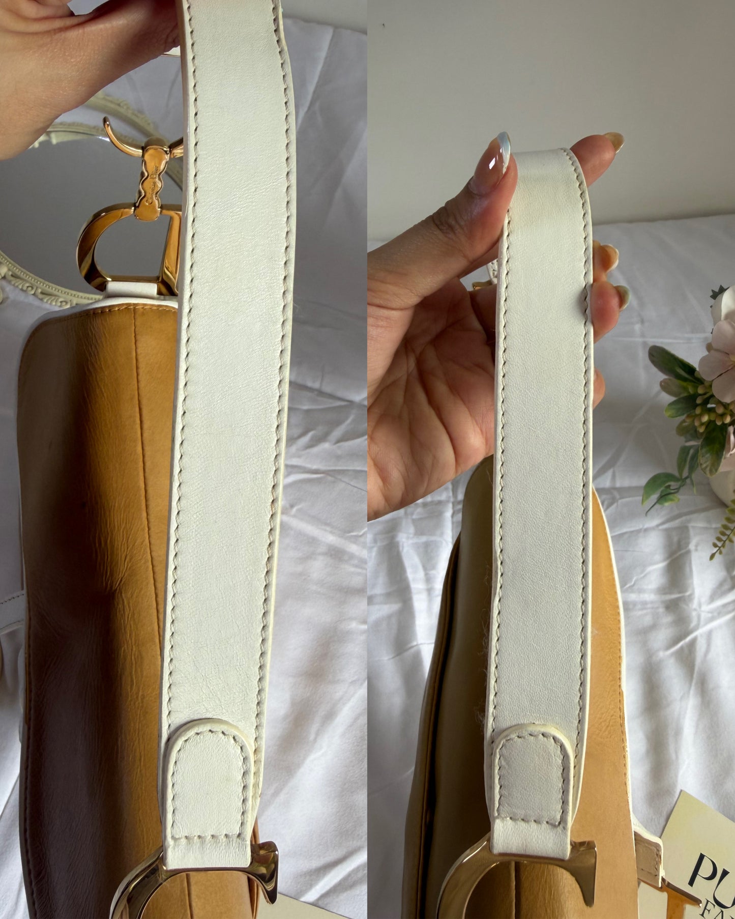 Authentic Vintage Christian Dior by John Galliano Tan Calfskin x White Leather Saddle Bag