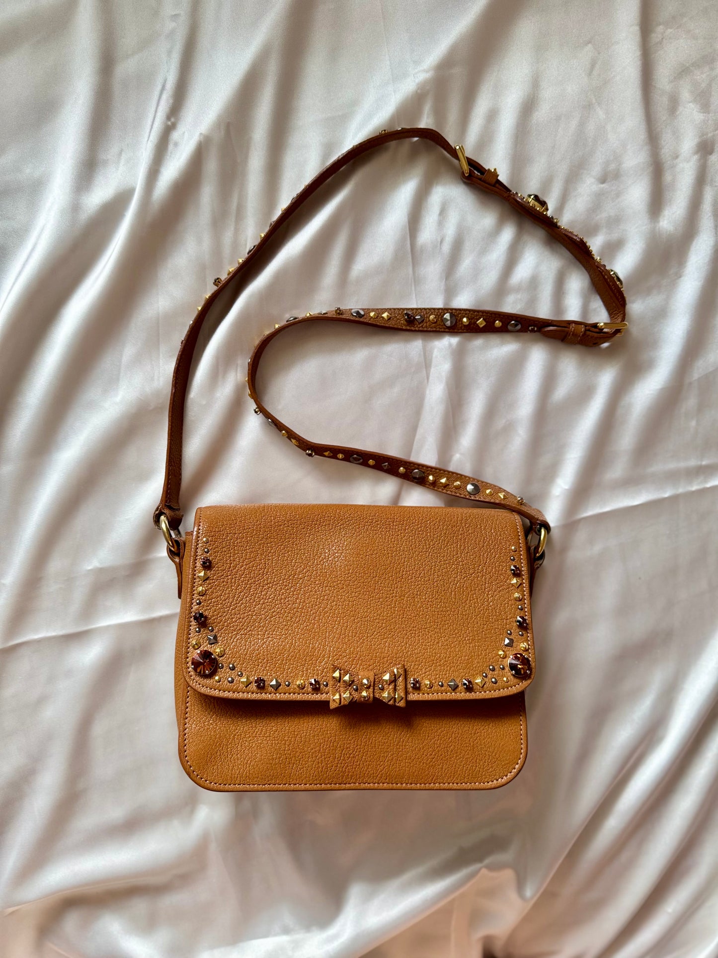 Authentic MIU MIU Madras Ribbon Camel Brown Leather Crystal Studs Embellished Shoulder Crossbody Bag