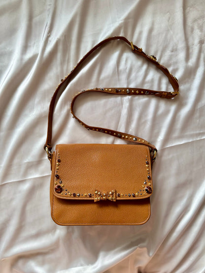 Authentic MIU MIU Madras Ribbon Camel Brown Leather Crystal Studs Embellished Shoulder Crossbody Bag