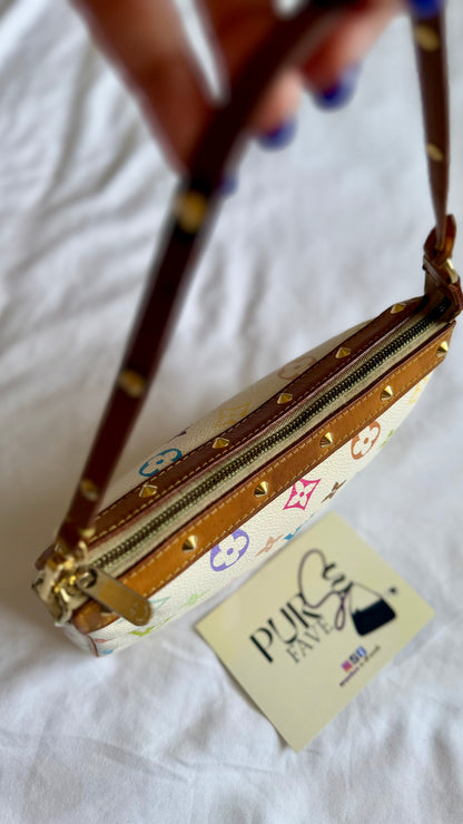 Authentic LOUIS VUITTON × TAKASHI MURAKAMI White Multicolor Pochette Shoulder Bag