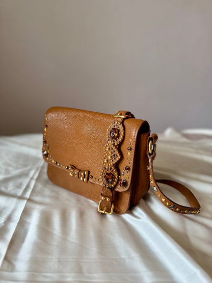 Authentic MIU MIU Madras Ribbon Camel Brown Leather Crystal Studs Embellished Shoulder Crossbody Bag