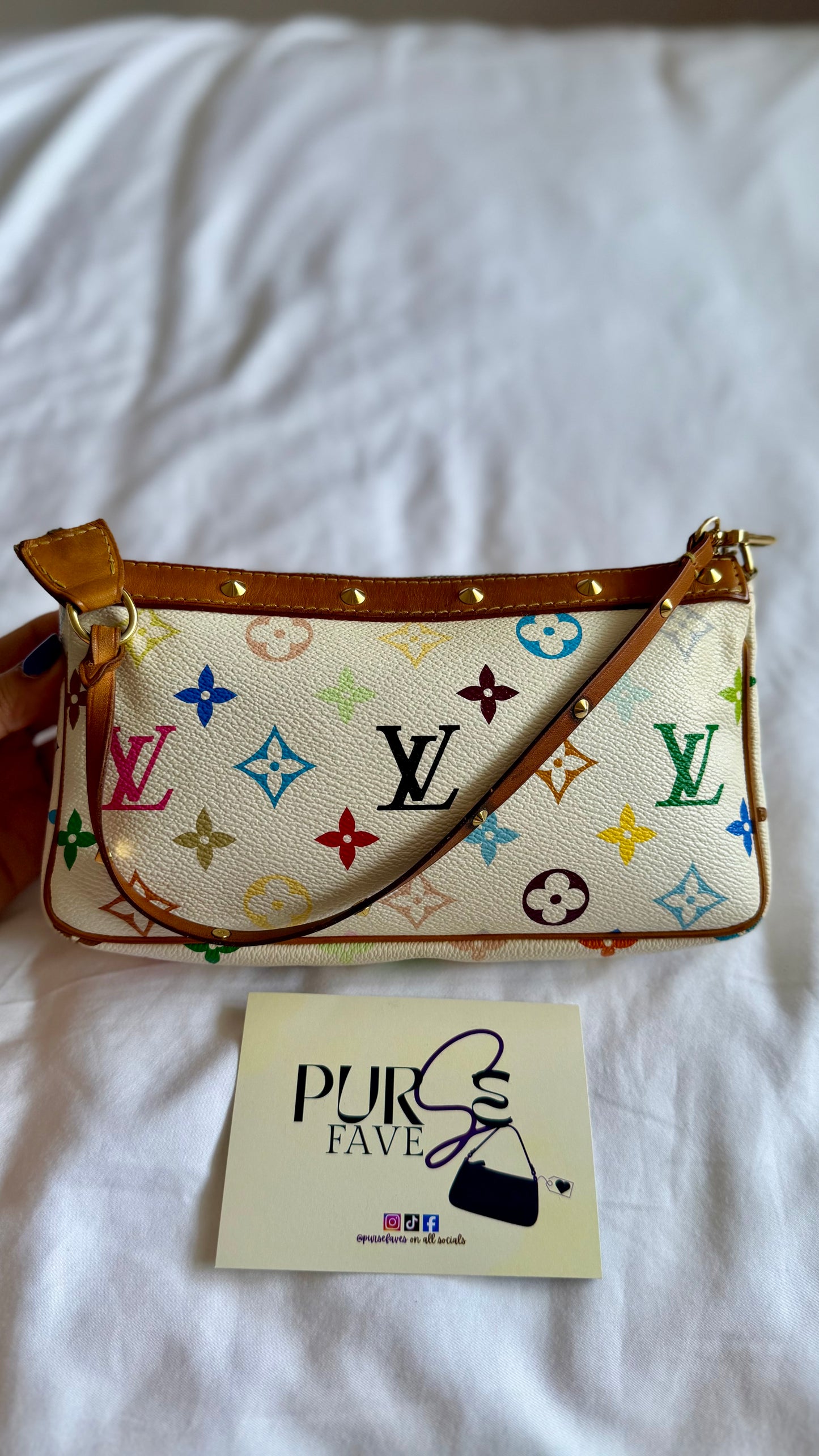 Authentic LOUIS VUITTON × TAKASHI MURAKAMI White Multicolor Pochette Shoulder Bag