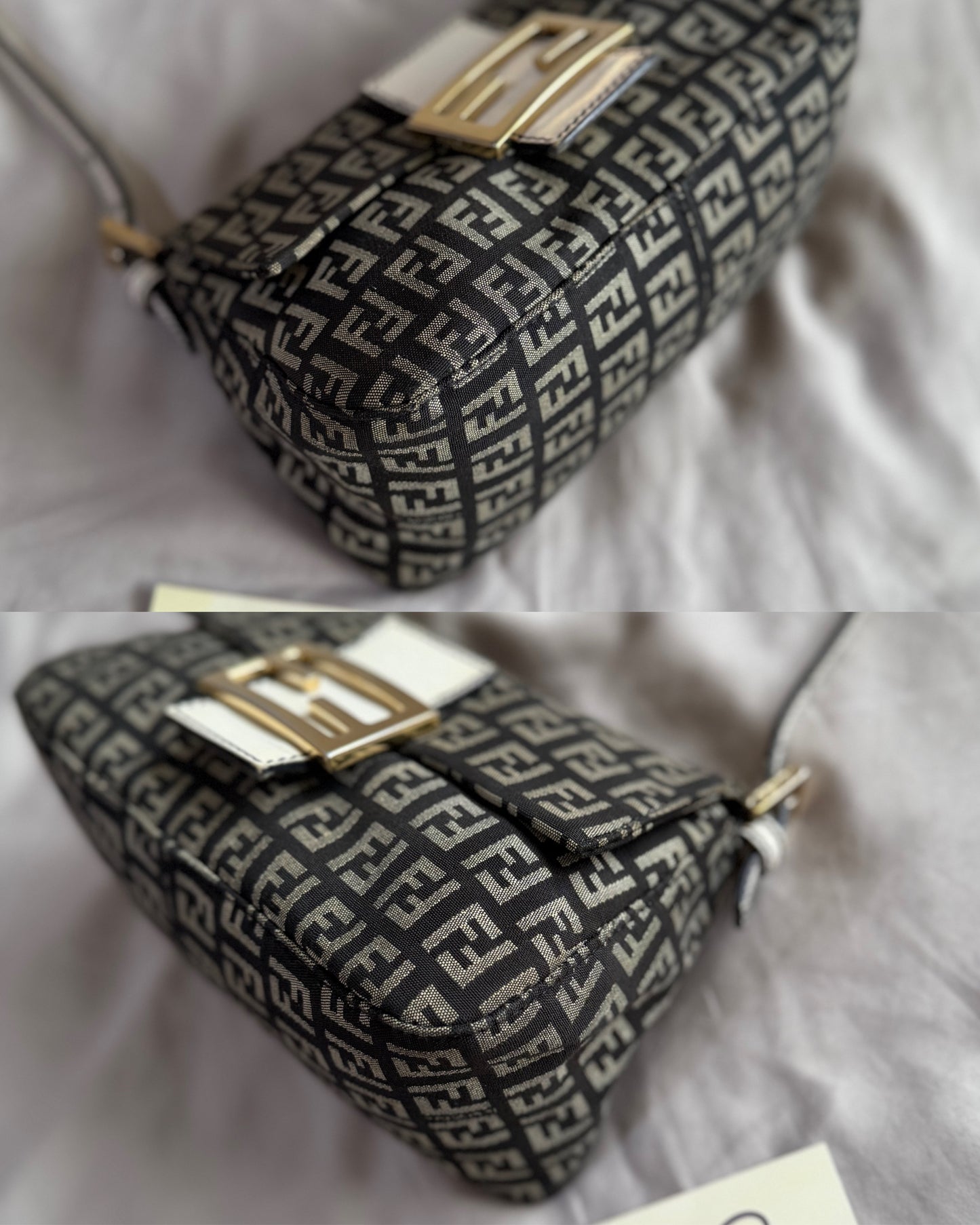 Authentic Vintage Fendi Dark Blue Zucchino Canvas Mini Mamma Baguette Shoulder Bag